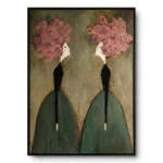Floral Dialogue Two figures with pink floral hair Textured art wall decor