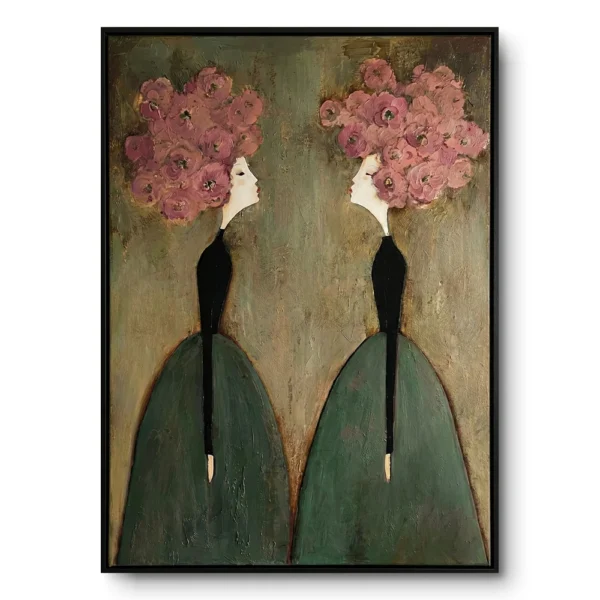 Floral Dialogue Two figures with pink floral hair Textured art wall decor