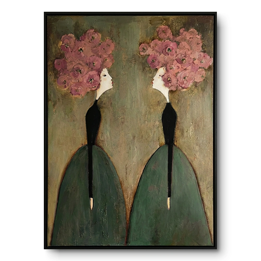 floral-dialogue-two-figures-with-pink-floral-hair-textured-art-wall-decor-corrected Floral Dialogue Two figures with pink floral hair Textured art wall decor - Image 1