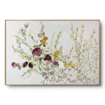 Textured painting of purple, burgundy, yellow and white wildflowers on a white ground, gold thin frame