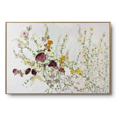 Textured painting of purple, burgundy, yellow and white wildflowers on a white ground, gold thin frame