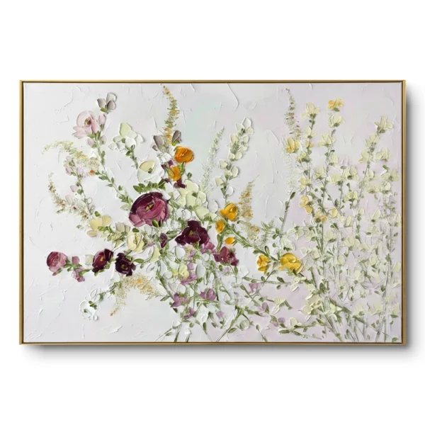 Textured painting of purple, burgundy, yellow and white wildflowers on a white ground, gold thin frame