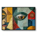 Textured cubist portrait painting, a face fractured into gold, teal, red and blue blocks with one detailed eye, black frame