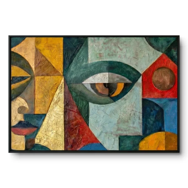 Textured cubist portrait painting, a face fractured into gold, teal, red and blue blocks with one detailed eye, black frame