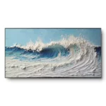 Heavily textured painting of a single breaking wave in white and blue impasto, black frame, panoramic