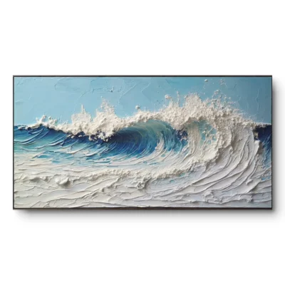 Heavily textured painting of a single breaking wave in white and blue impasto, black frame, panoramic
