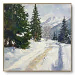 Realist painting of a snowy pine forest with a path leading toward distant blue mountains, gold thin frame