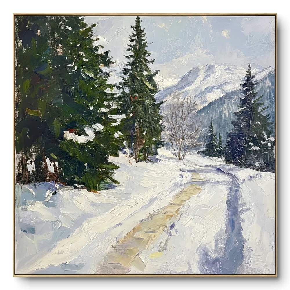Realist painting of a snowy pine forest with a path leading toward distant blue mountains, gold thin frame