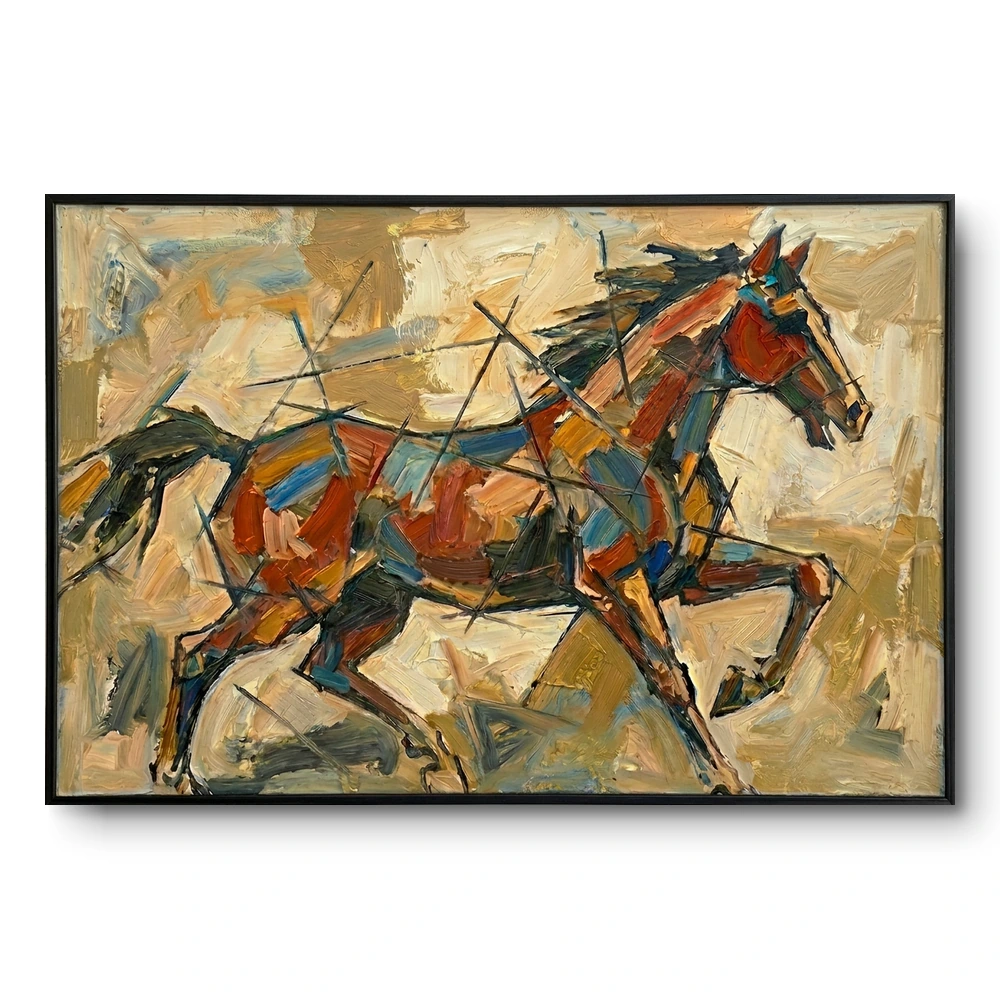 Cubist painting of a galloping horse fractured into terracotta, blue and gold blocks with motion lines, black frame