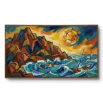 Cubist coastal painting of an angular cliff, sunburst sky and teal waves with small sailboats, walnut frame, panoramic