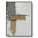 Abstract textured painting of grey-white concrete-like blocks with a raised gold cross shape, black frame