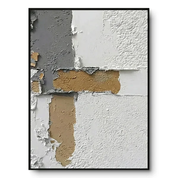 Abstract textured painting of grey-white concrete-like blocks with a raised gold cross shape, black frame