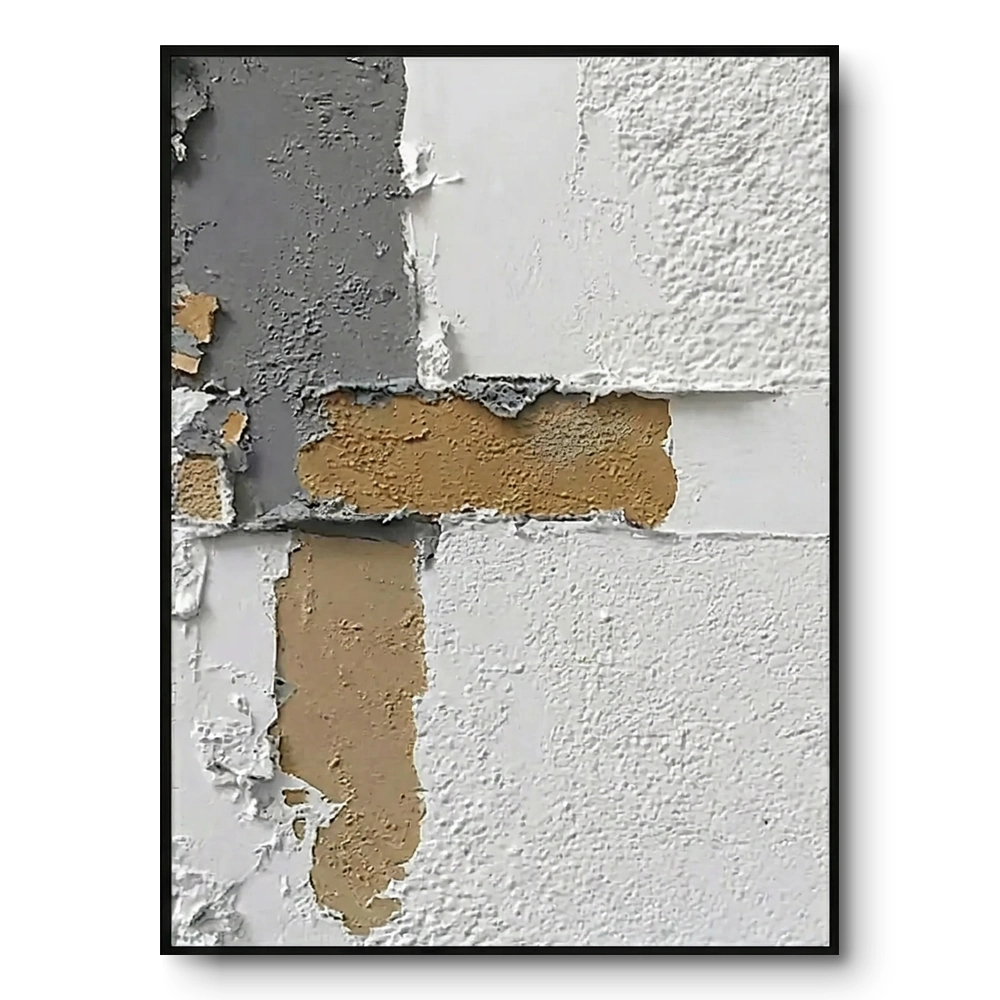 Abstract textured painting of grey-white concrete-like blocks with a raised gold cross shape, black frame
