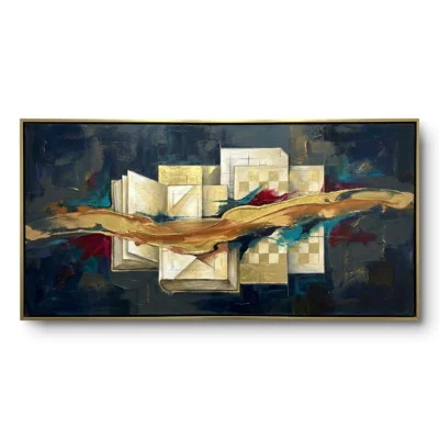 Abstract painting of an open book and gold-leaf geometric blocks on dark navy with a flowing gold current, gold thin frame, panoramic