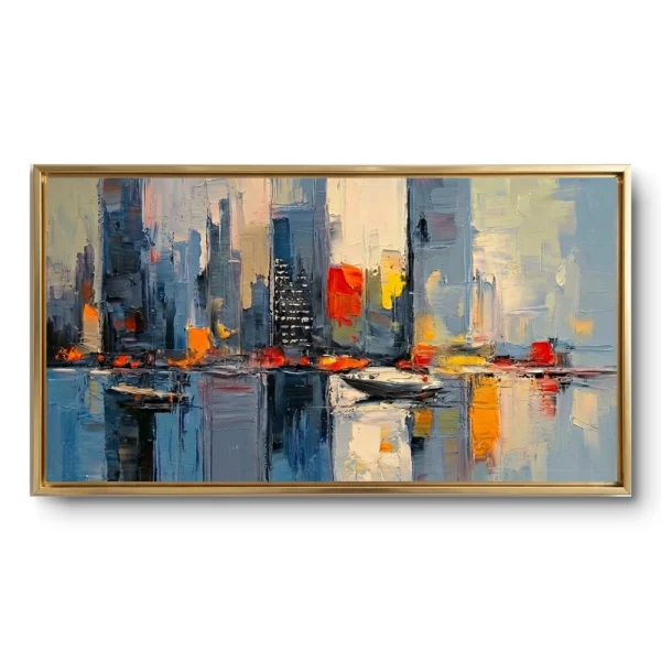 Gilded Harbor Glow Modern vibrant cityscape reflections color art