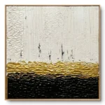 Minimalist textured painting in three horizontal bands, white, gold and black, natural wood frame