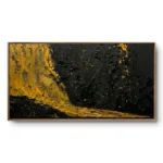 Abstract textured painting of gold-yellow paint flowing across a black ground with scattered gold flecks, walnut frame, panoramic