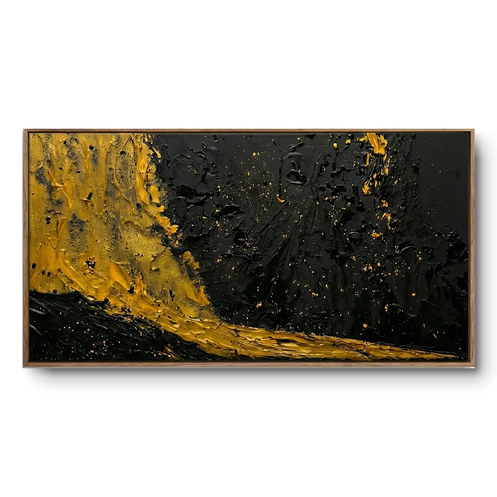 Abstract textured painting of gold-yellow paint flowing across a black ground with scattered gold flecks, walnut frame, panoramic