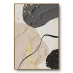 Abstract collage painting of charcoal shapes with gold leaf flecks and beige stone-like forms, gold thin frame
