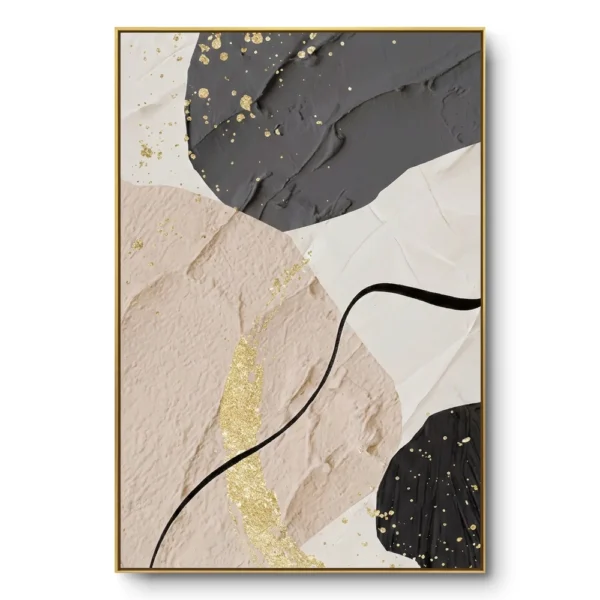 Abstract collage painting of charcoal shapes with gold leaf flecks and beige stone-like forms, gold thin frame