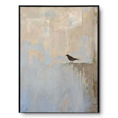 Minimalist painting of a small black bird on a ledge against a pale blue-grey and gold textured wall, black frame