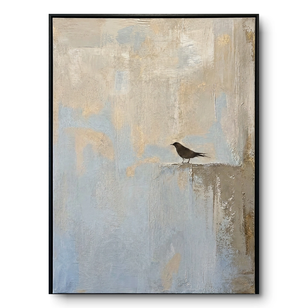 Minimalist painting of a small black bird on a ledge against a pale blue-grey and gold textured wall, black frame