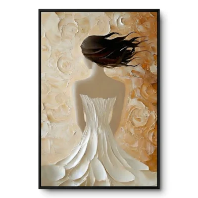 Sculptural relief of a headless figure in a white pleated gown with windblown hair against a gold-cream rose ground, black frame