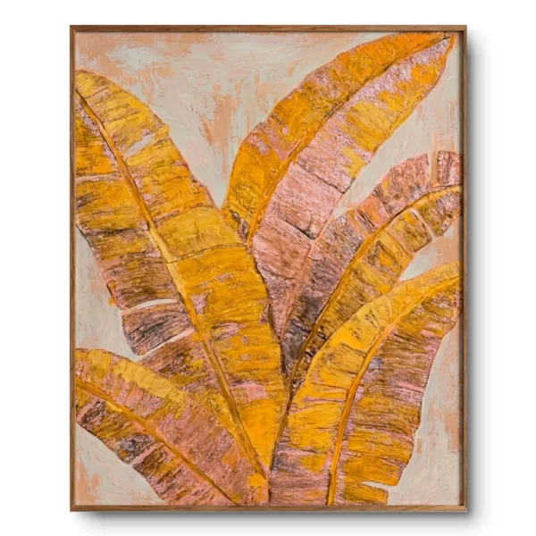 Monochrome textured painting of golden-ochre banana leaf fronds, natural wood frame