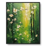 Textured painting of white magnolia blossoms in a green birch forest with a golden light beam down the path, black frame