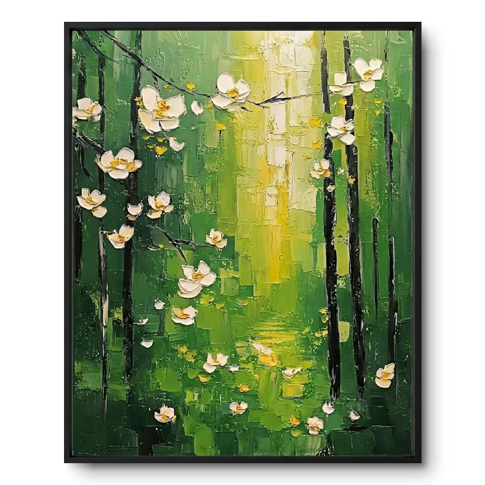 Textured painting of white magnolia blossoms in a green birch forest with a golden light beam down the path, black frame