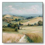 Realist painting of a rolling wheat field with a path under a pale blue sky, thin silver frame