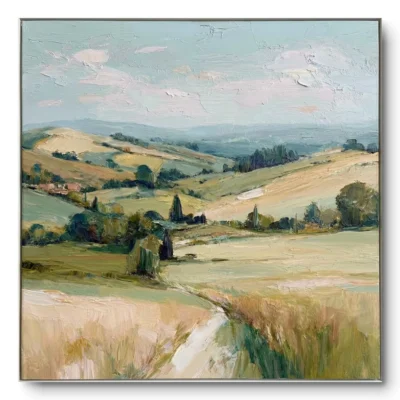 Realist painting of a rolling wheat field with a path under a pale blue sky, thin silver frame