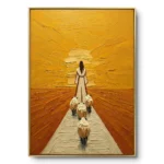 Textured painting of a shepherd walking toward a radiant sun with sheep following, gold thin frame
