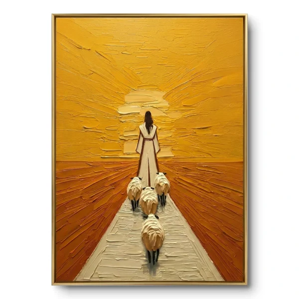 Textured painting of a shepherd walking toward a radiant sun with sheep following, gold thin frame
