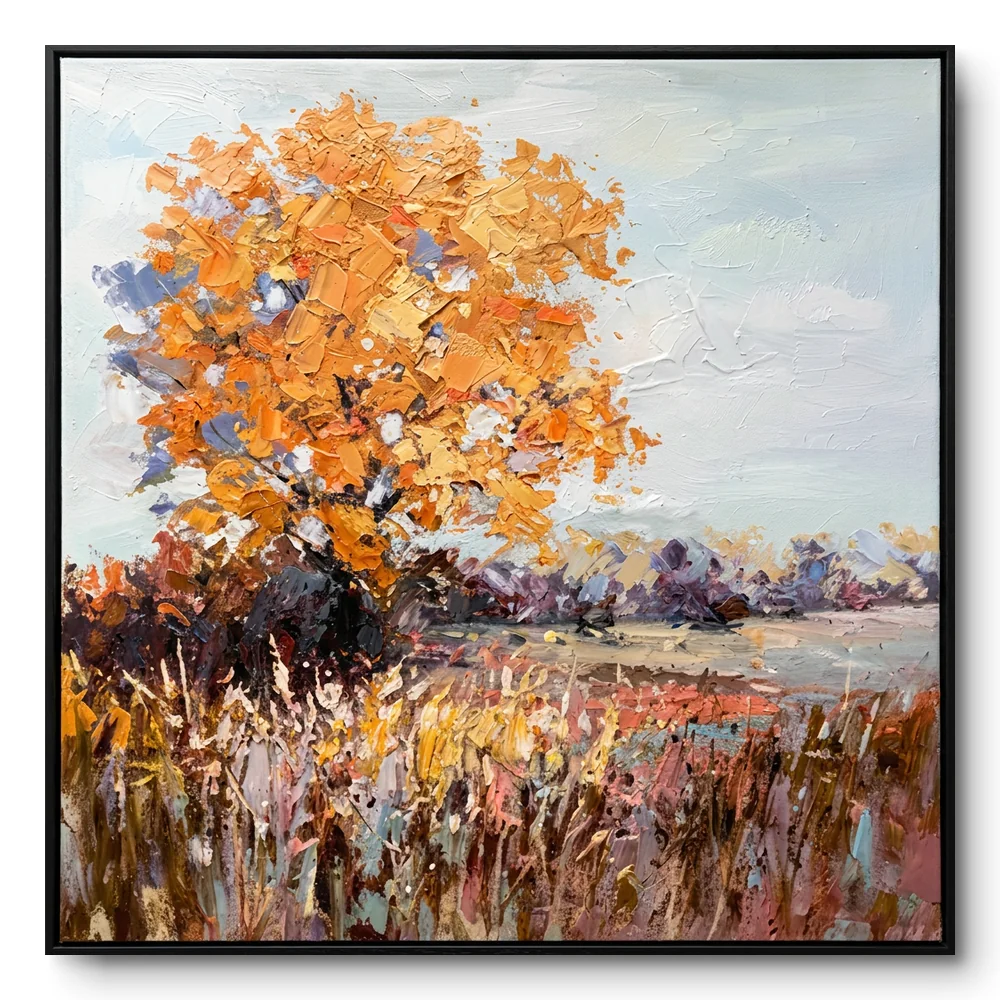 Textured painting of a golden autumn tree with orange-yellow leaves, meadow and blue-grey mountains, black frame