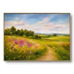Realist painting of pink and purple wildflowers along a meadow path with green trees and blue sky, natural wood frame