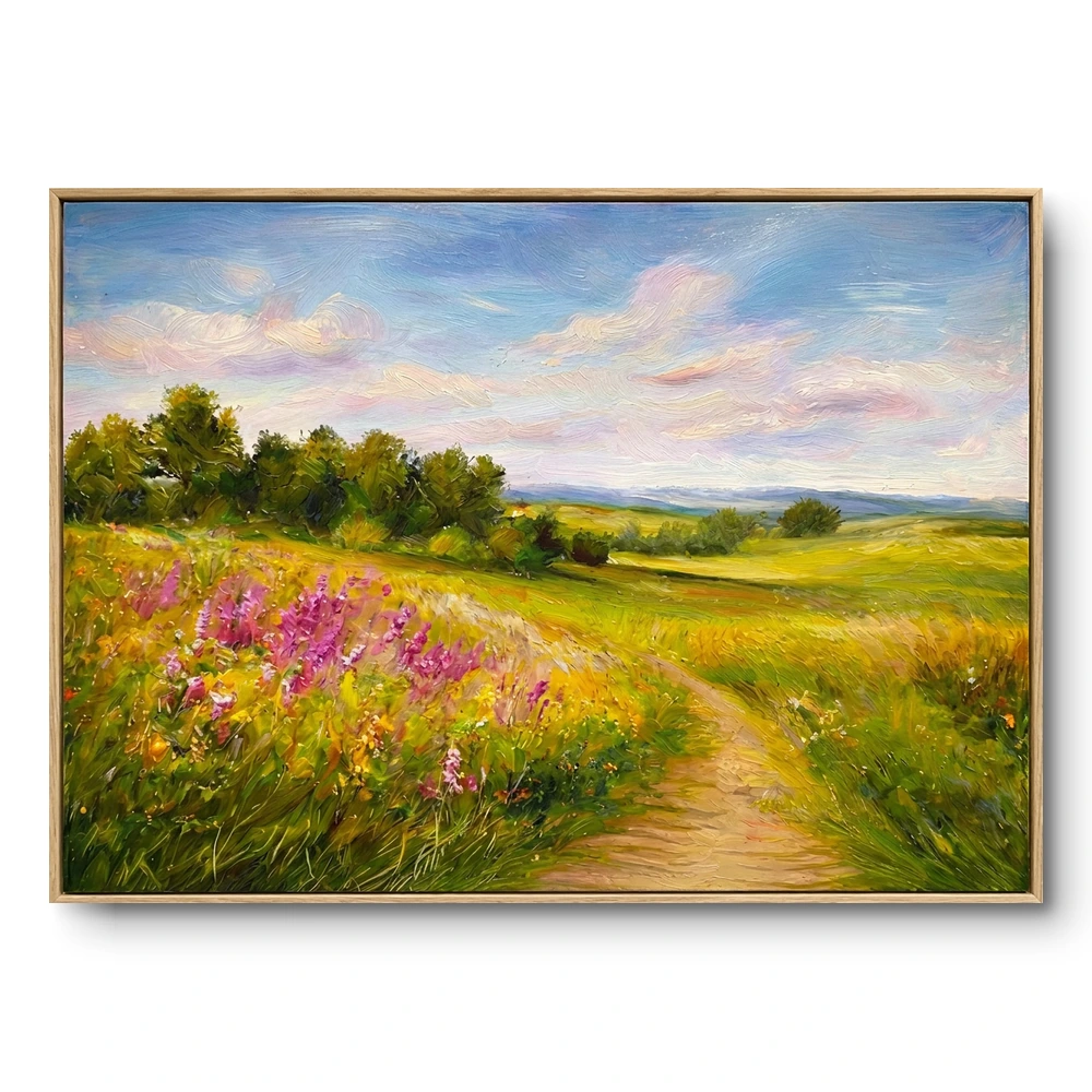 Realist painting of pink and purple wildflowers along a meadow path with green trees and blue sky, natural wood frame