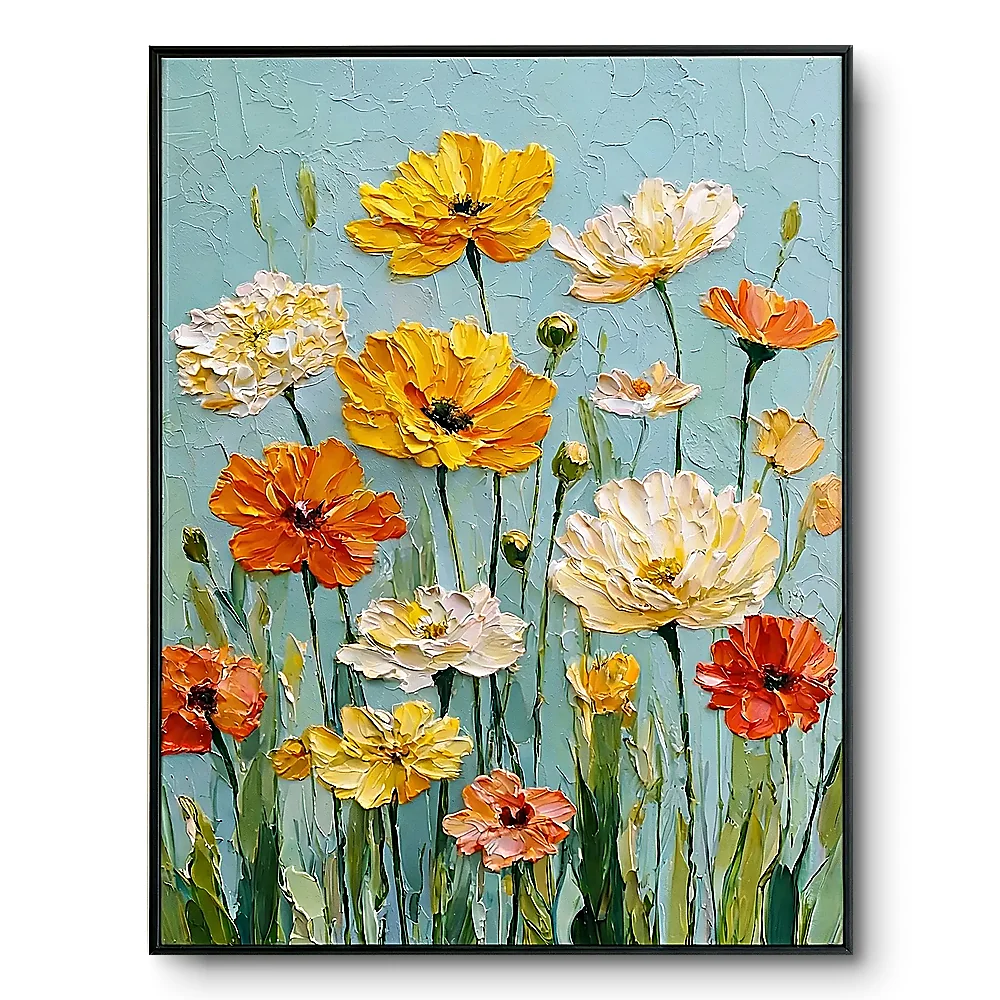 Textured painting of yellow, orange, cream and red poppy-like flowers against pale teal, black frame