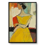 Cubist portrait of a woman in a saffron yellow dress with crossed arms, black outlines, thin black frame, muted cream and teal background.
