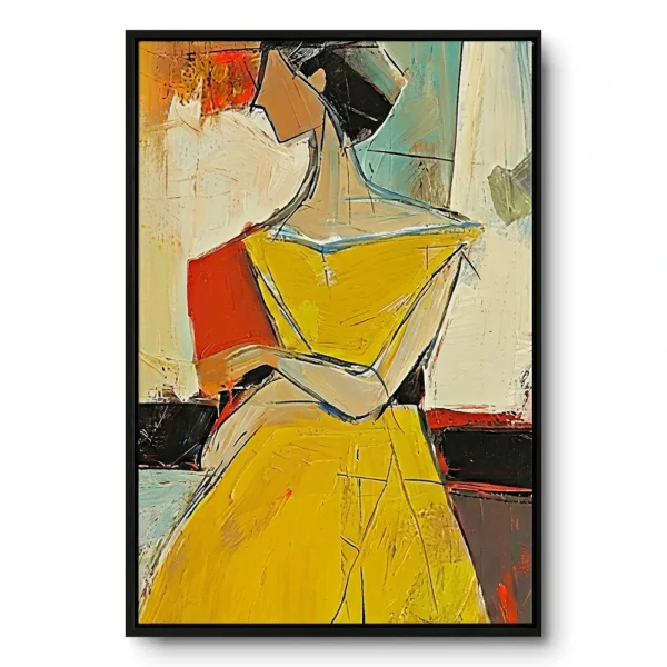 Cubist portrait of a woman in a saffron yellow dress with crossed arms, black outlines, thin black frame, muted cream and teal background.