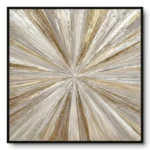 Textured abstract painting of a radiating starburst pattern in cream, gold and silver, black frame