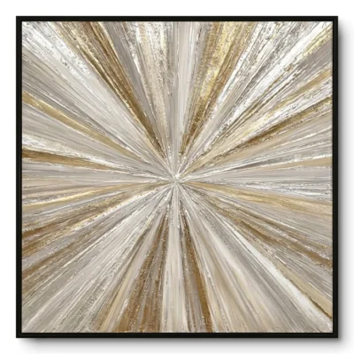 Textured abstract painting of a radiating starburst pattern in cream, gold and silver, black frame