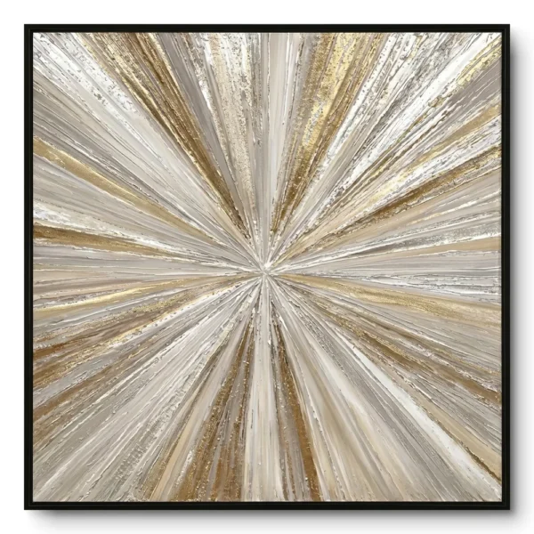 Textured abstract painting of a radiating starburst pattern in cream, gold and silver, black frame