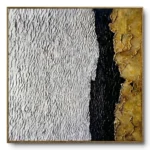 Sculptural relief with white ridged texture, a smooth black band and a rough gold section, gold thin frame