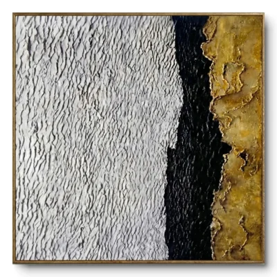 Sculptural relief with white ridged texture, a smooth black band and a rough gold section, gold thin frame