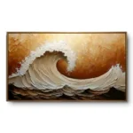 Textured painting of a large breaking wave in warm gold, tan and brown sunset tones, gold thin frame, panoramic