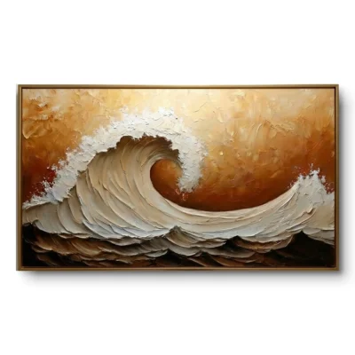 Textured painting of a large breaking wave in warm gold, tan and brown sunset tones, gold thin frame, panoramic