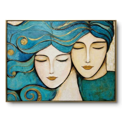 Textured double portrait of two faces with matching teal-gold swirl hair, cream skin, gold thin frame