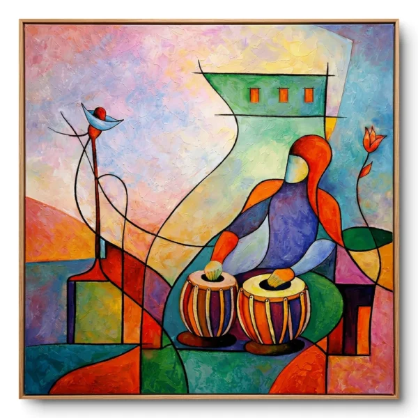 Cubist painting of a seated tabla drummer in orange and blue robes with a bird nearby, pastel ground, natural wood frame