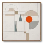 Minimalist geometric abstract painting with arches, triangles and one orange-red circle on beige-grey, natural wood frame